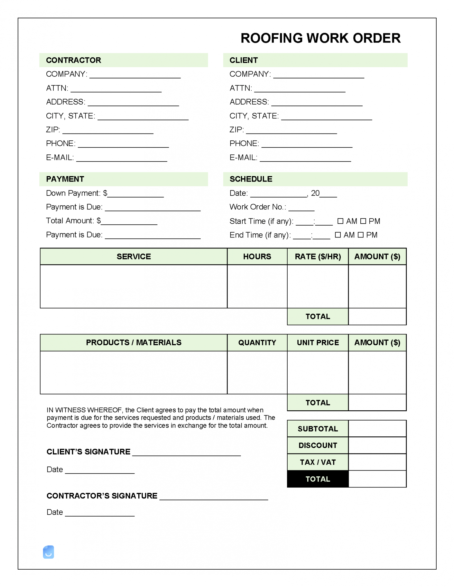 Printable Roofing Work Order Template Excel