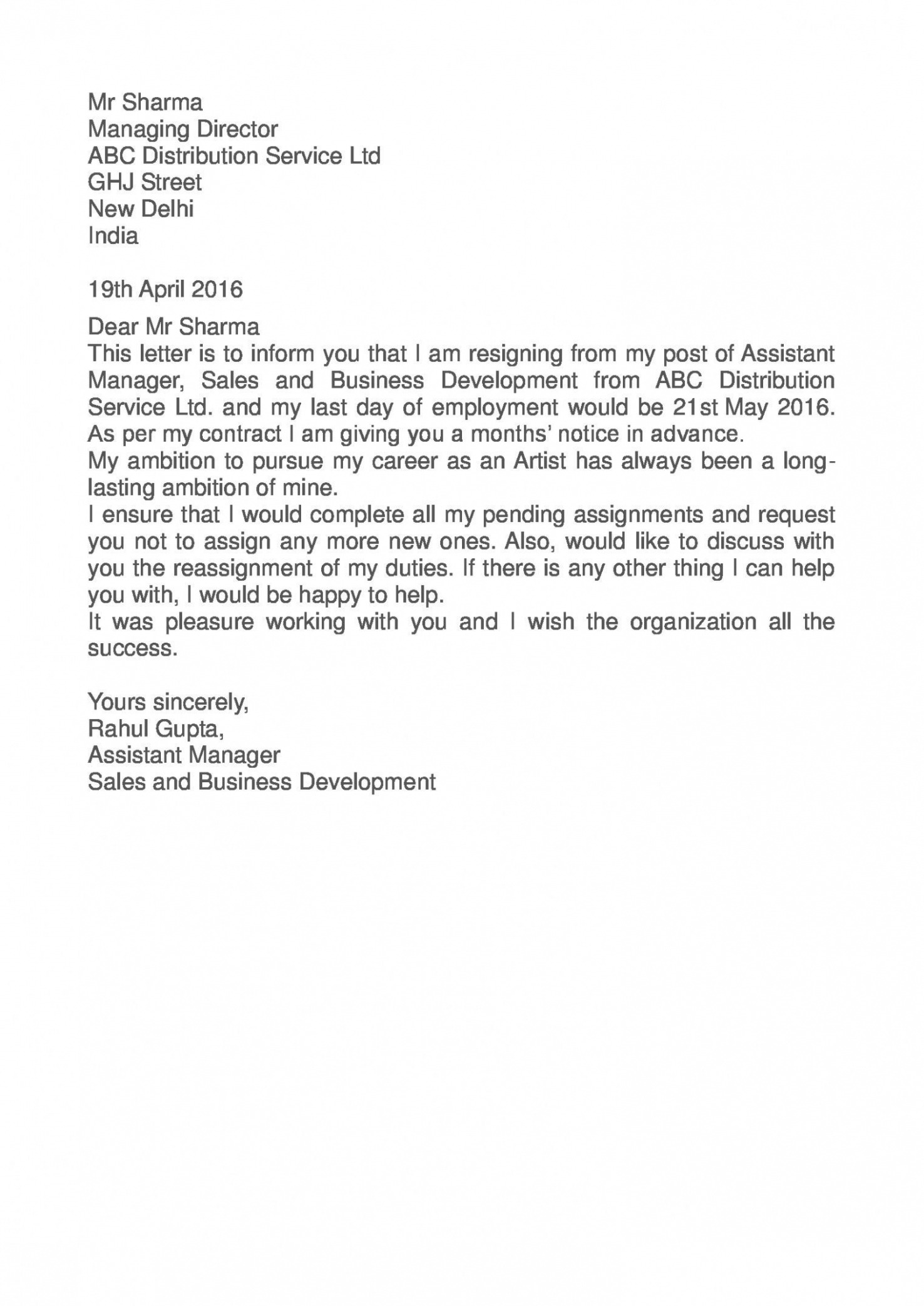 Sales Assistant Resignation Letter