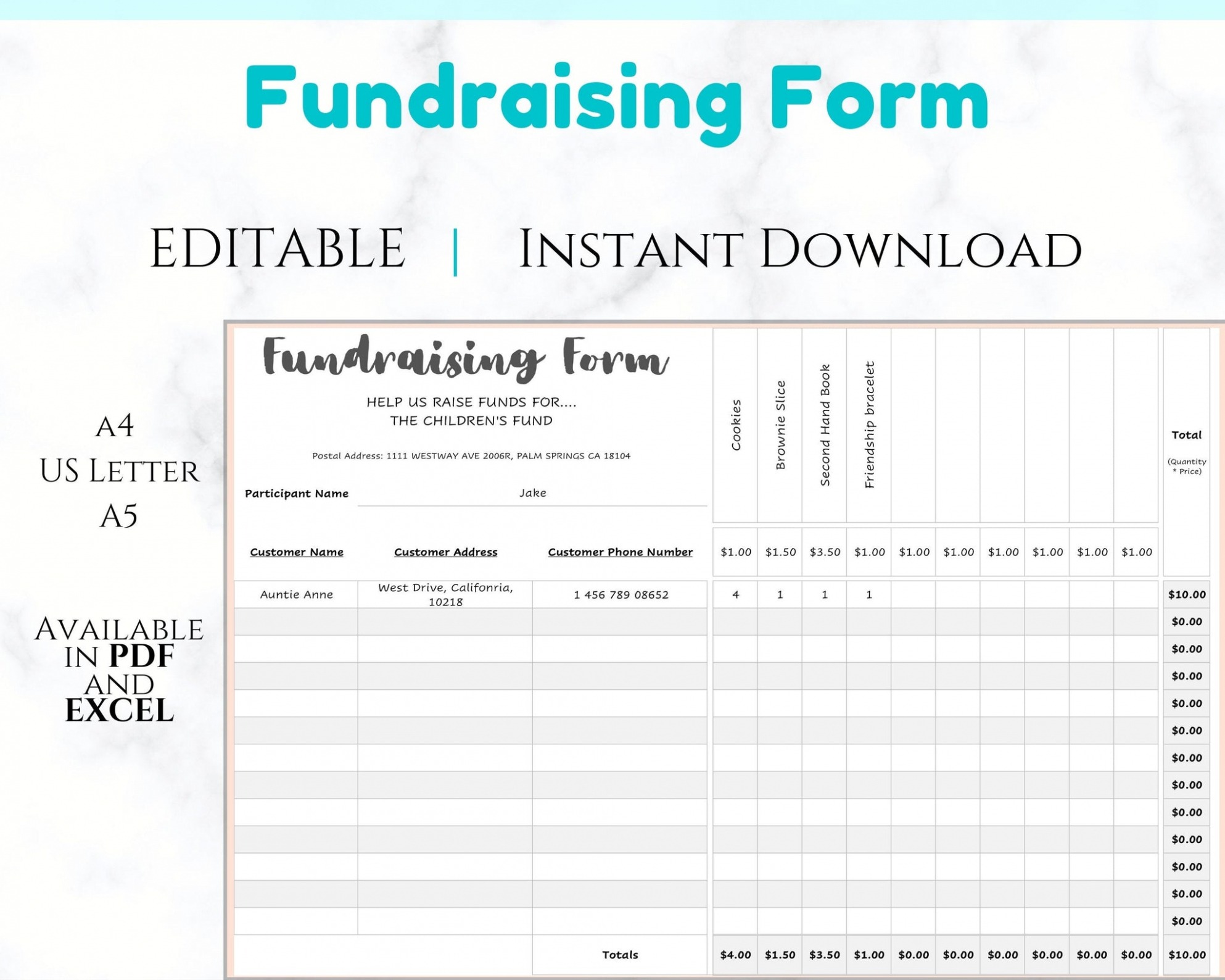 Printable School Fundraiser Order Form Template CSV