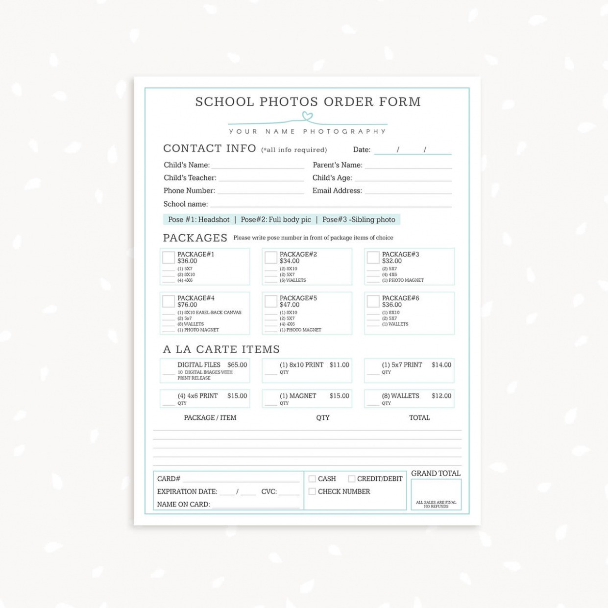 Editable School Picture Order Form Template PDF