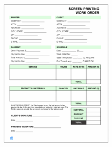Printable Screen Printing Work Order Template PDF