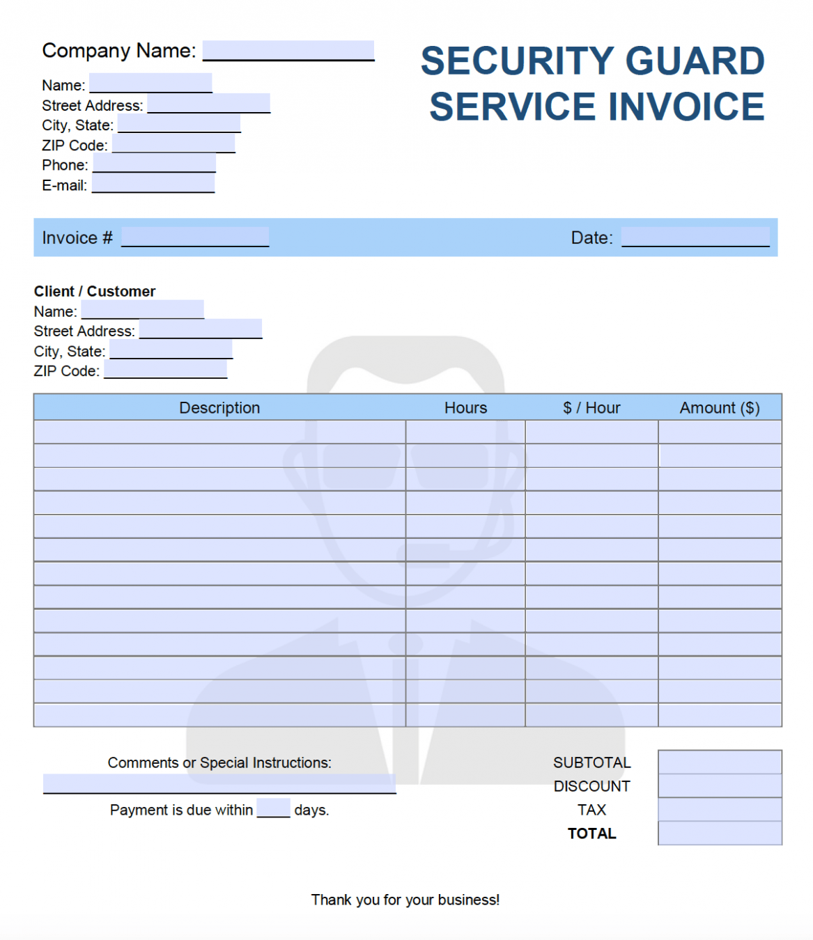 Sample Security Guard Services Invoice Template 