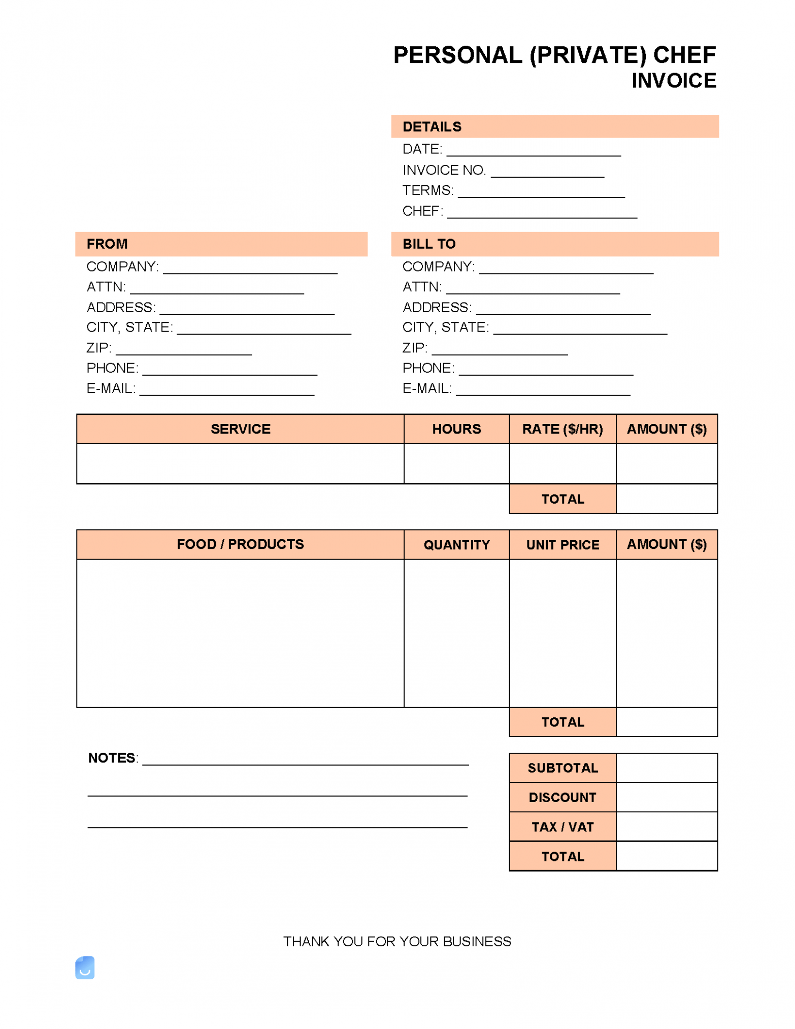Editable Self Employed Chef Invoice Template Doc