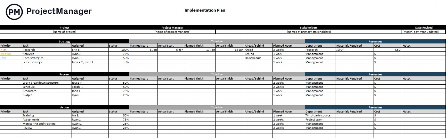 Free Software Implementation Plan Template CSV