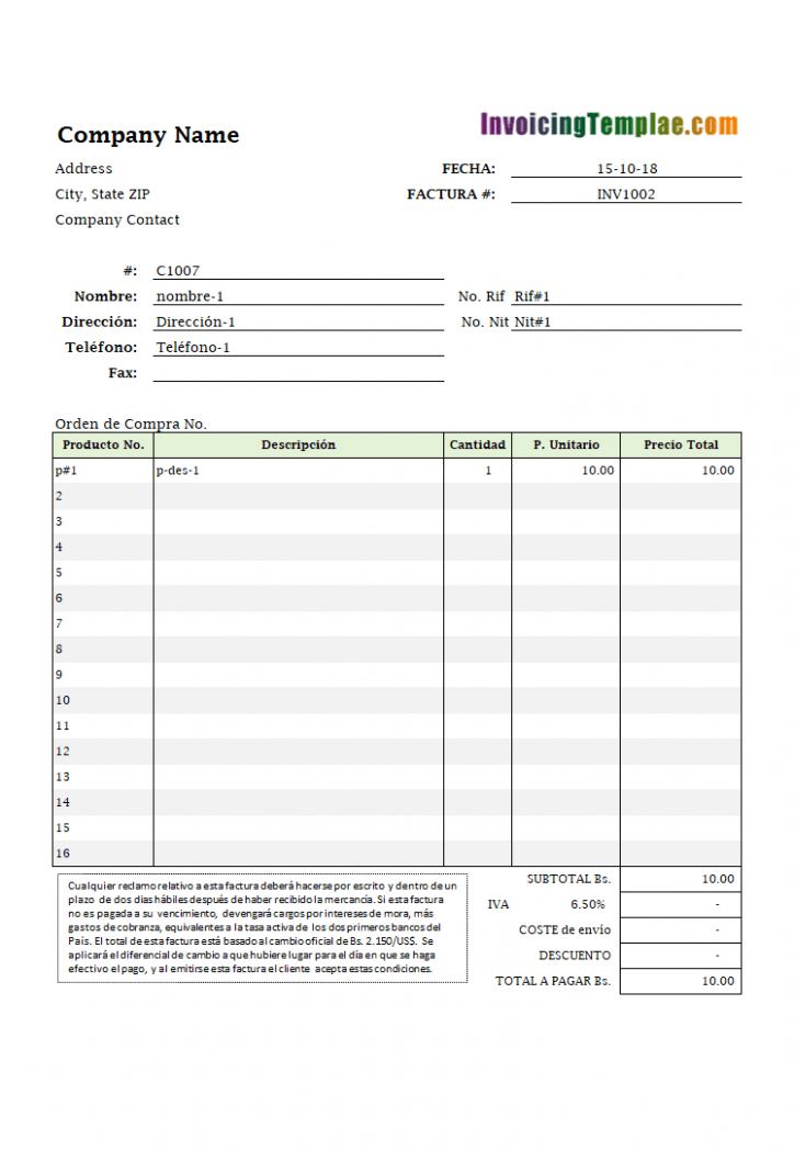 Sample Spanish Invoice Template Word