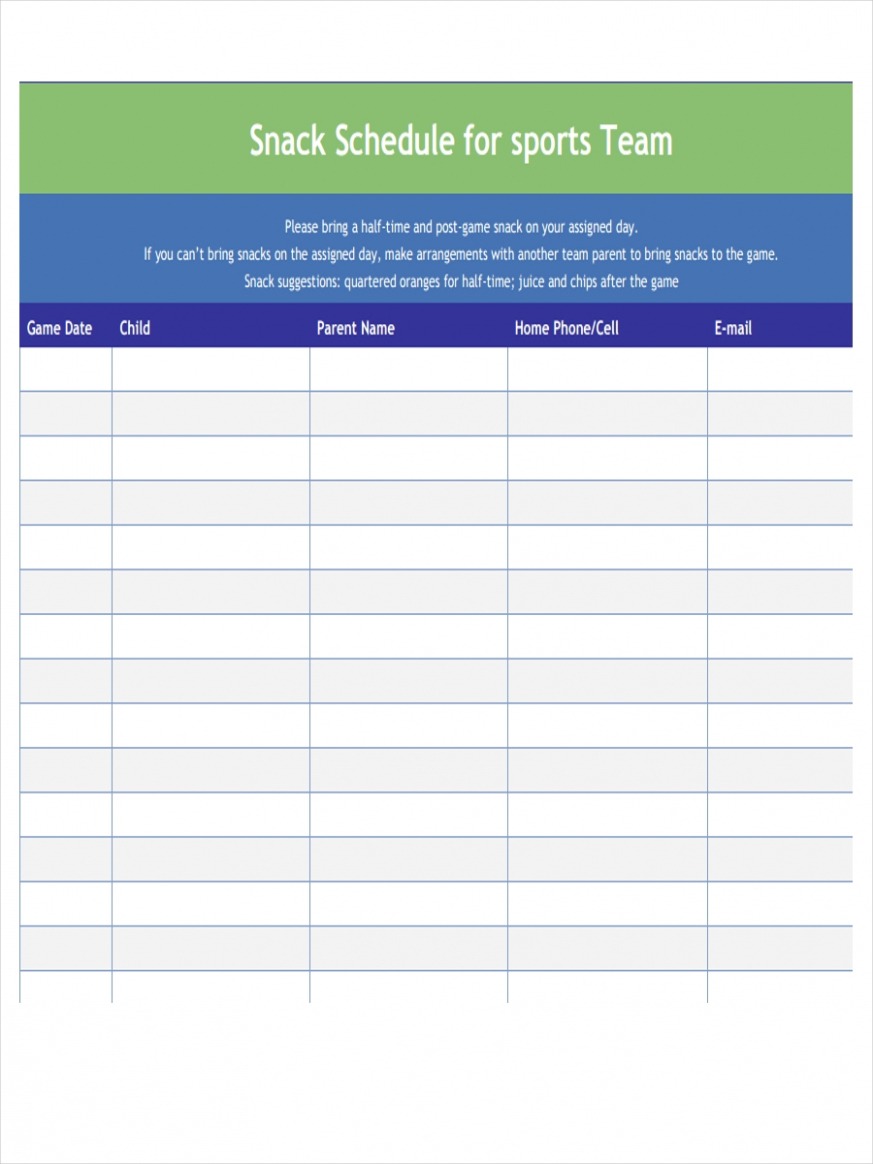  Sports Snack Schedule Template CSV