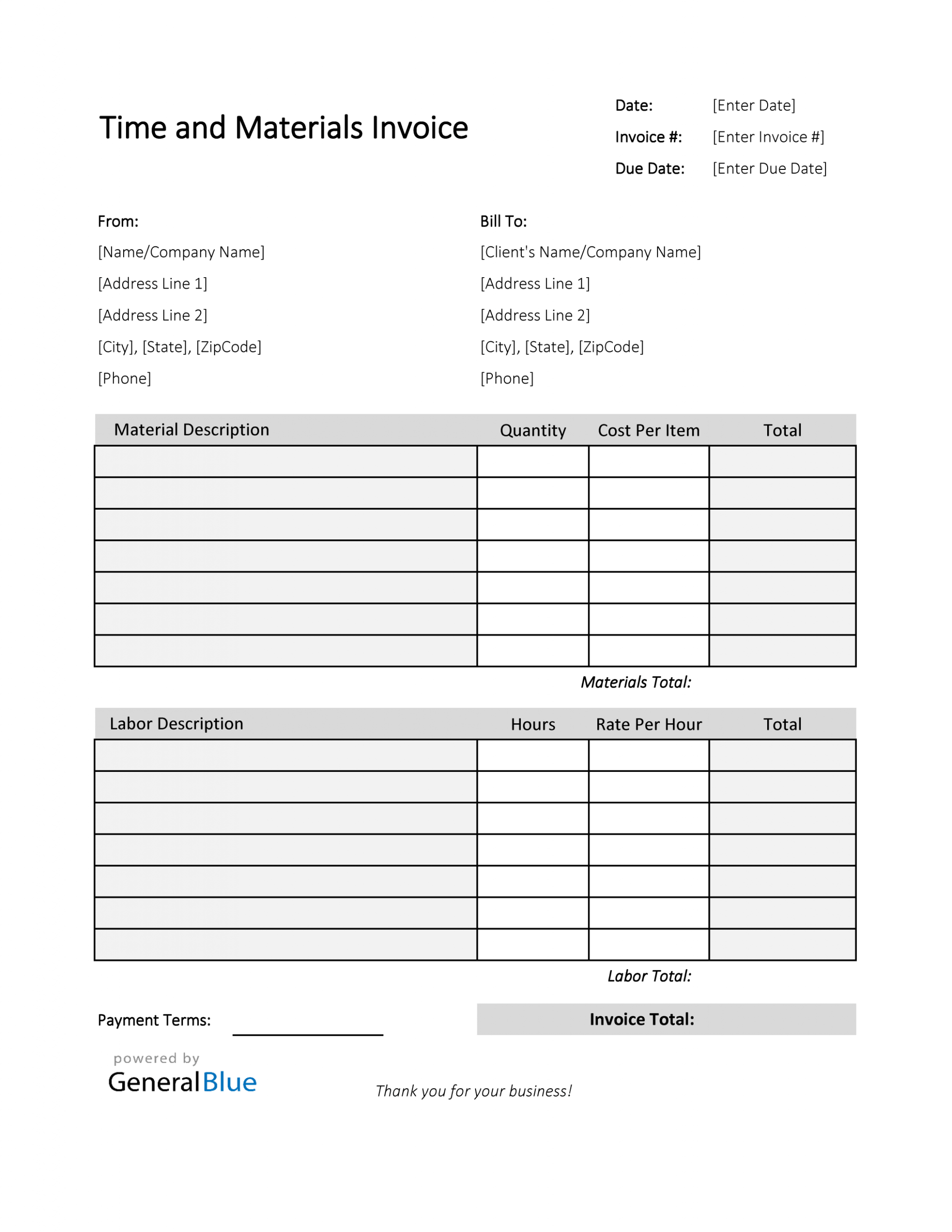 Sample Time And Material Invoice Template Word