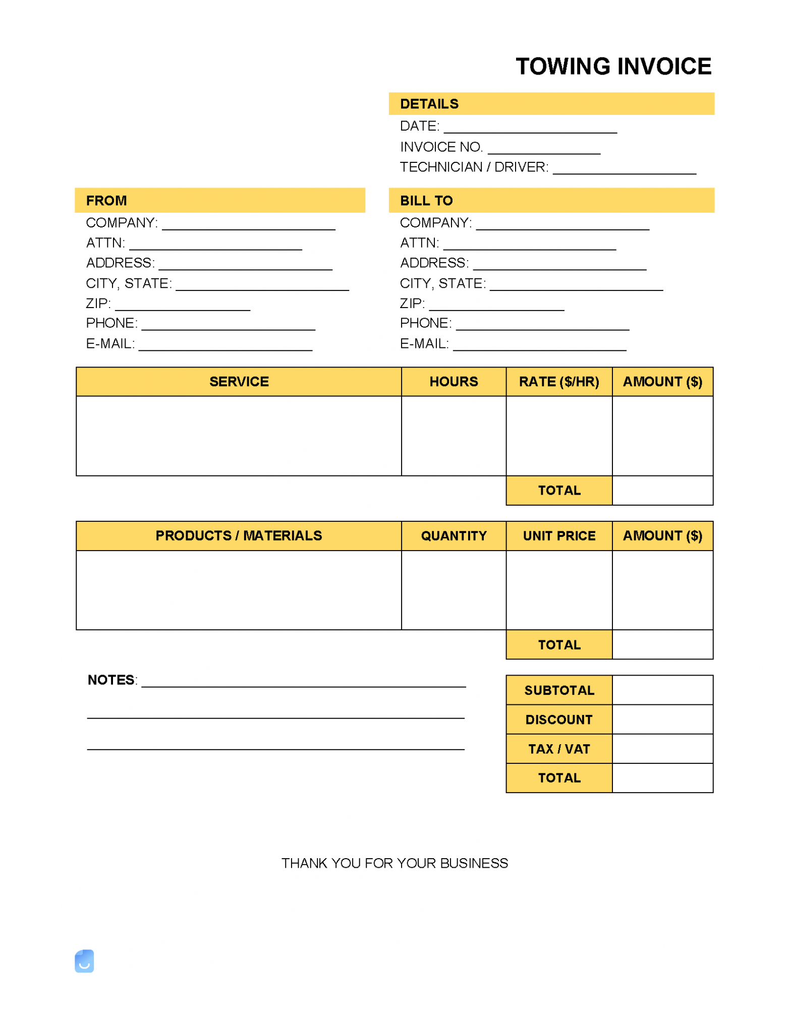 Printable Tow Truck Service Invoice Template PDF