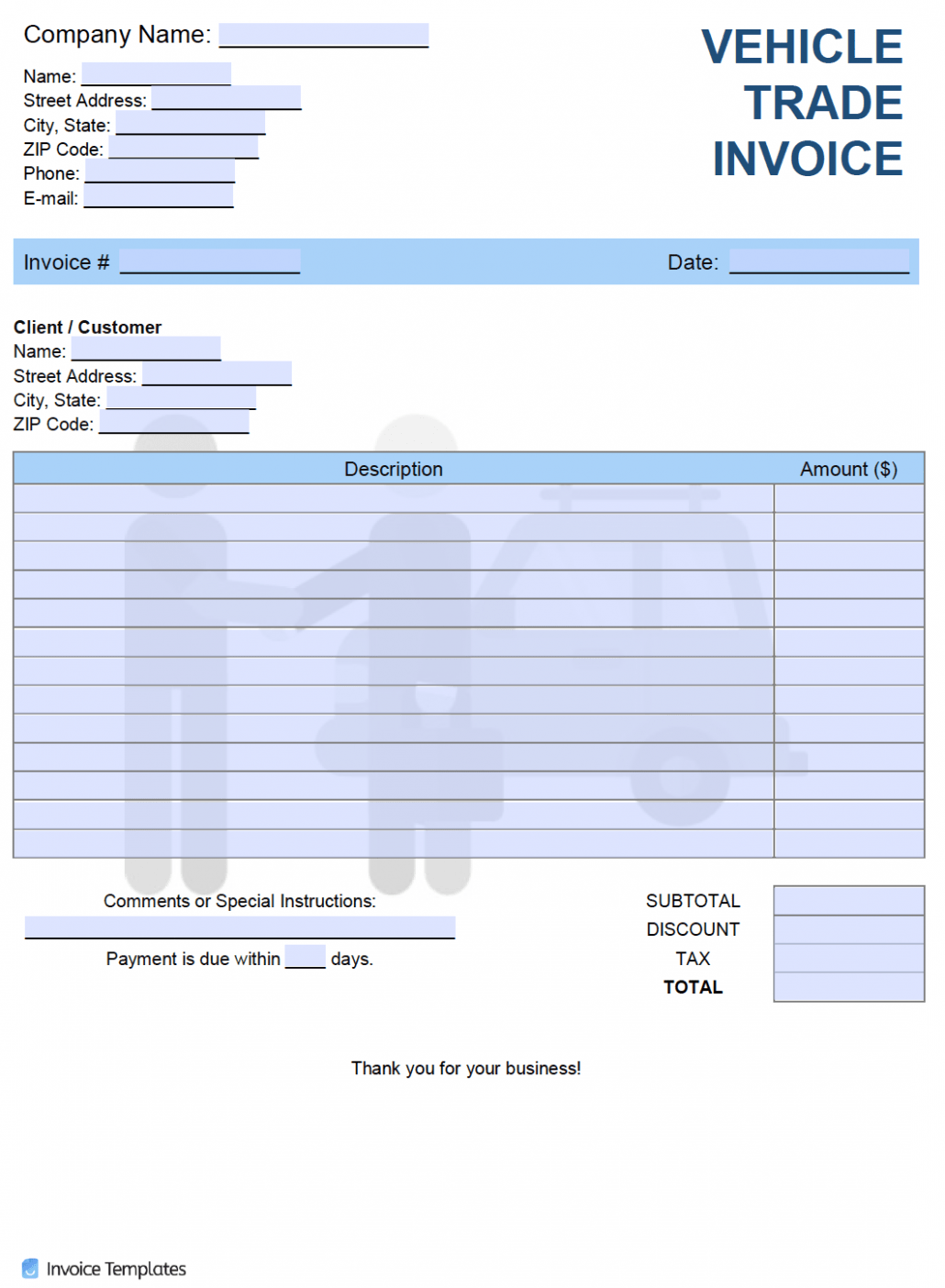 Printable Trade Car Sale Invoice Template PDF