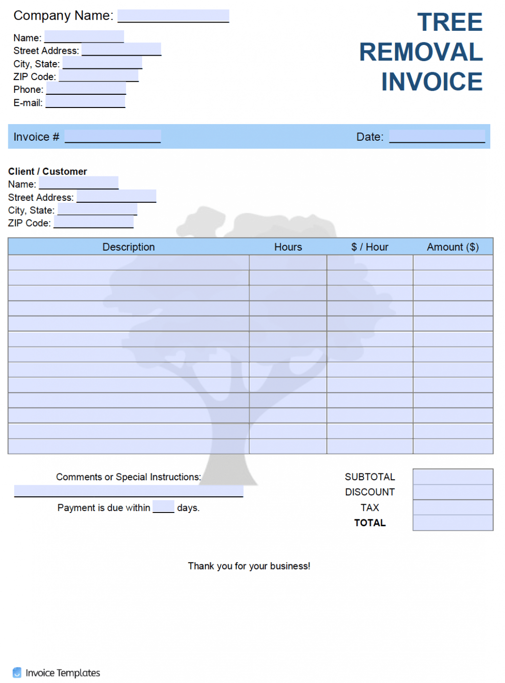 Printable Tree Service Invoice Template Excel