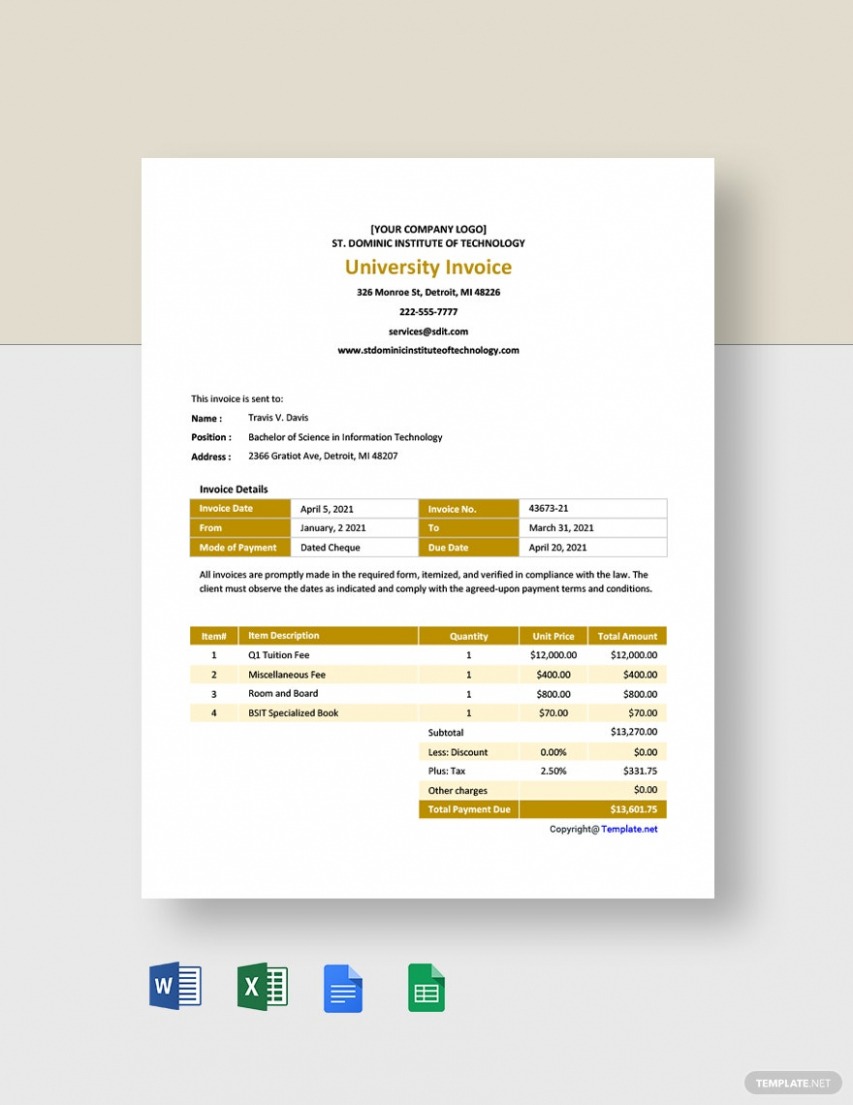 Sample University Invoice Template PDF