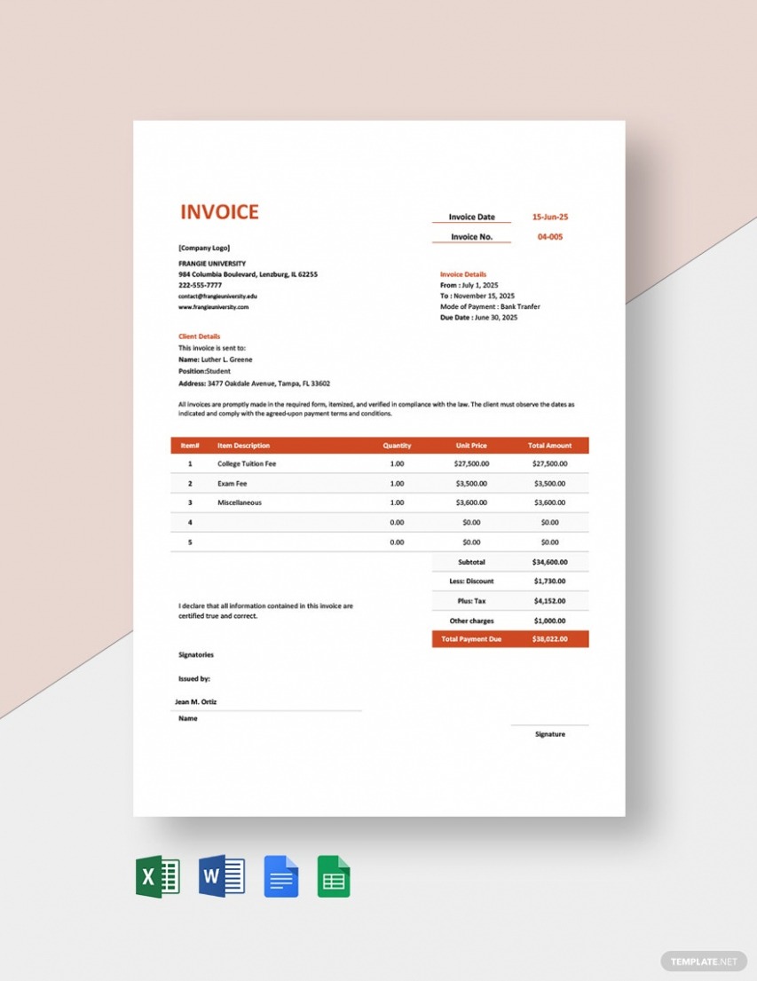 Editable University Invoice Template PPT