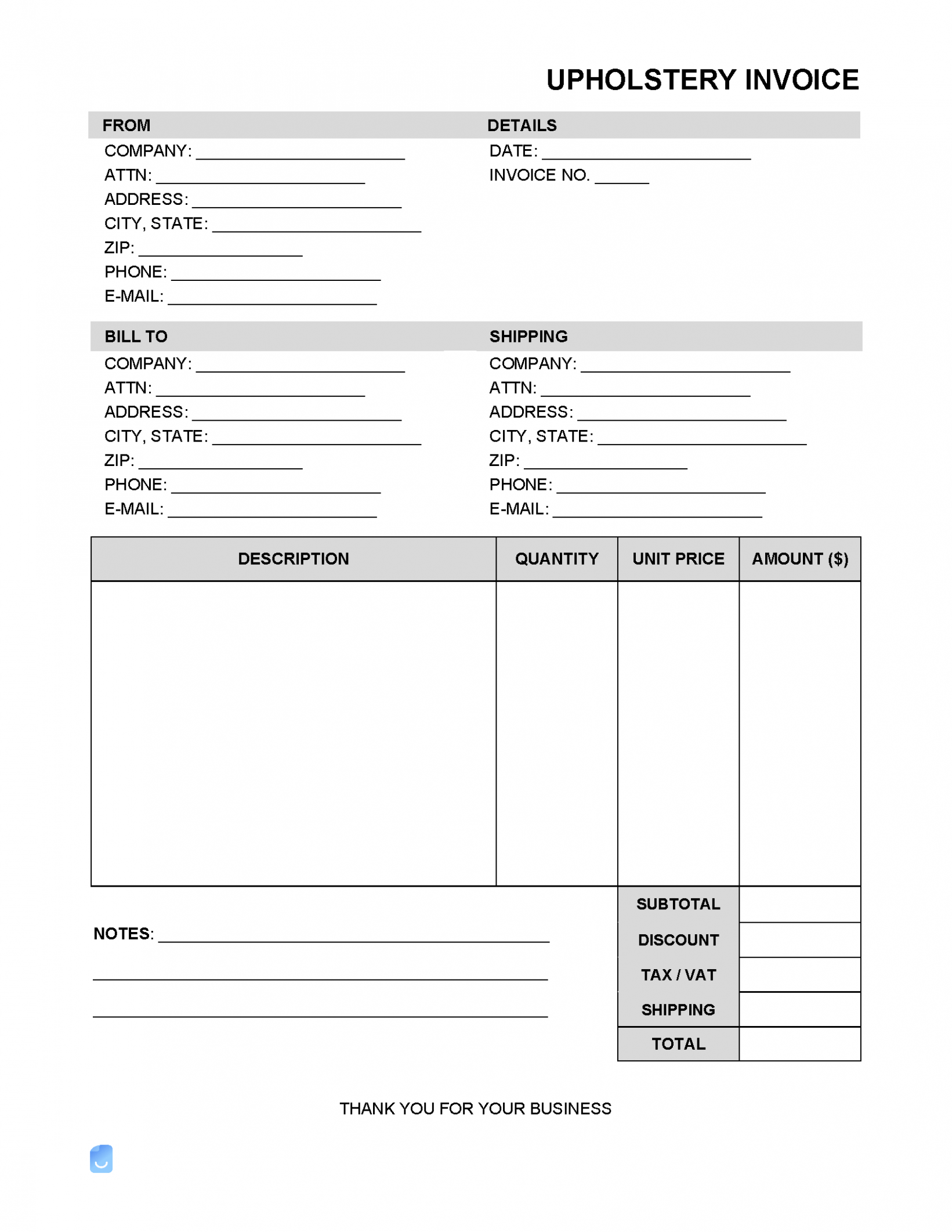 Printable Upholstery Invoice Template Word