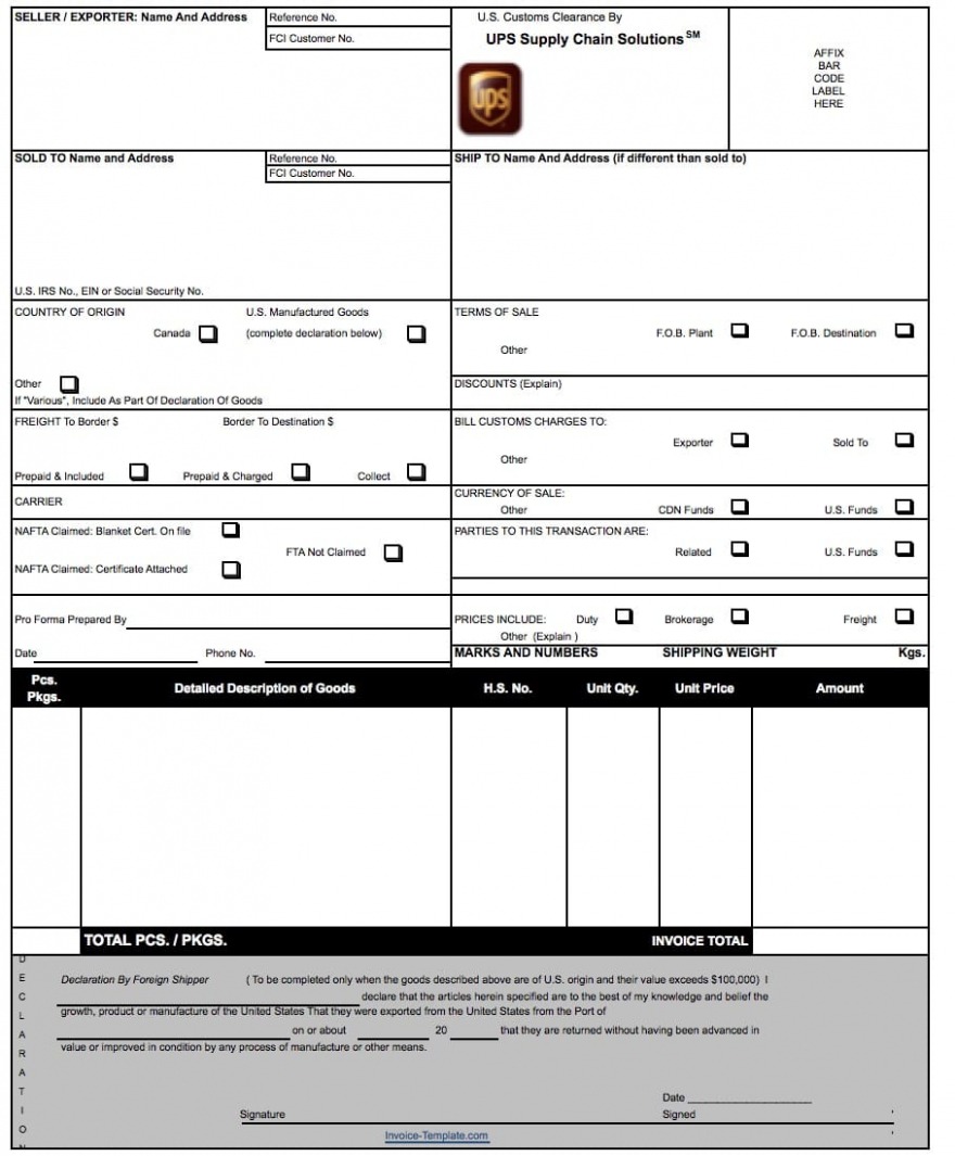 Sample Ups Proforma Invoice Template PDF