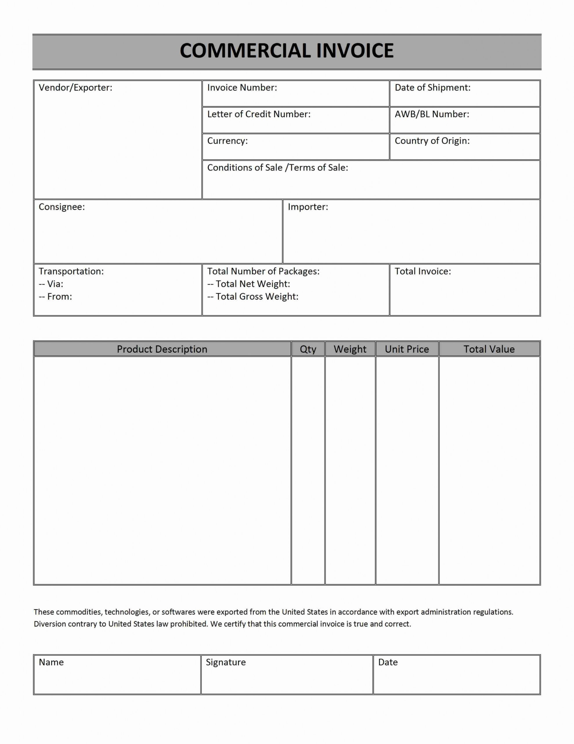 Printable Us Commercial Invoice Template Sample