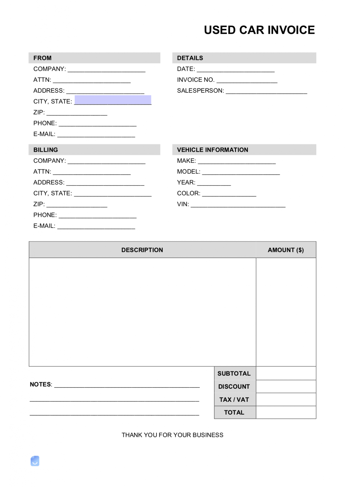 Sample Used Car Invoice Template Word