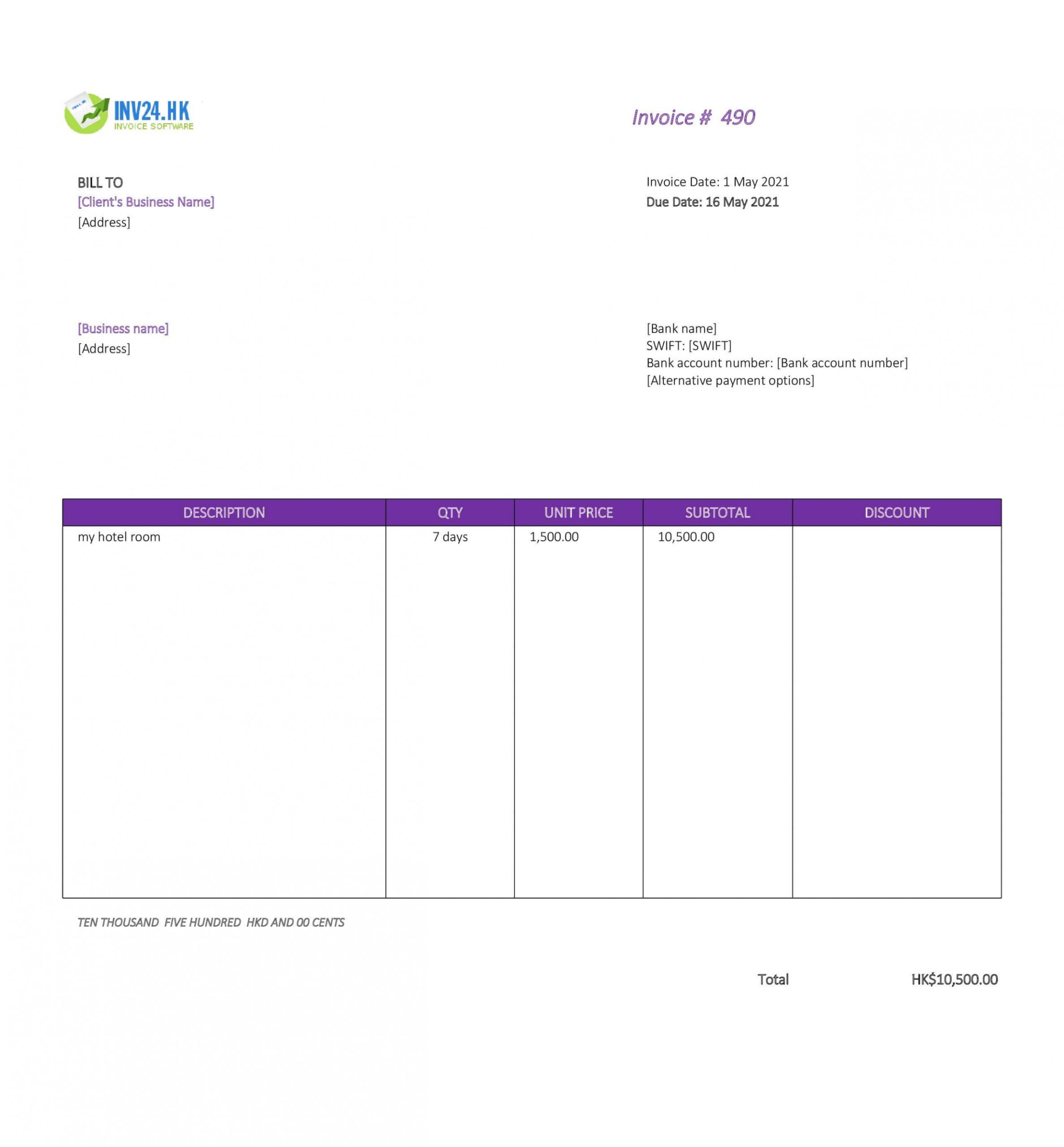 Editable Accommodation Invoice Template Sample