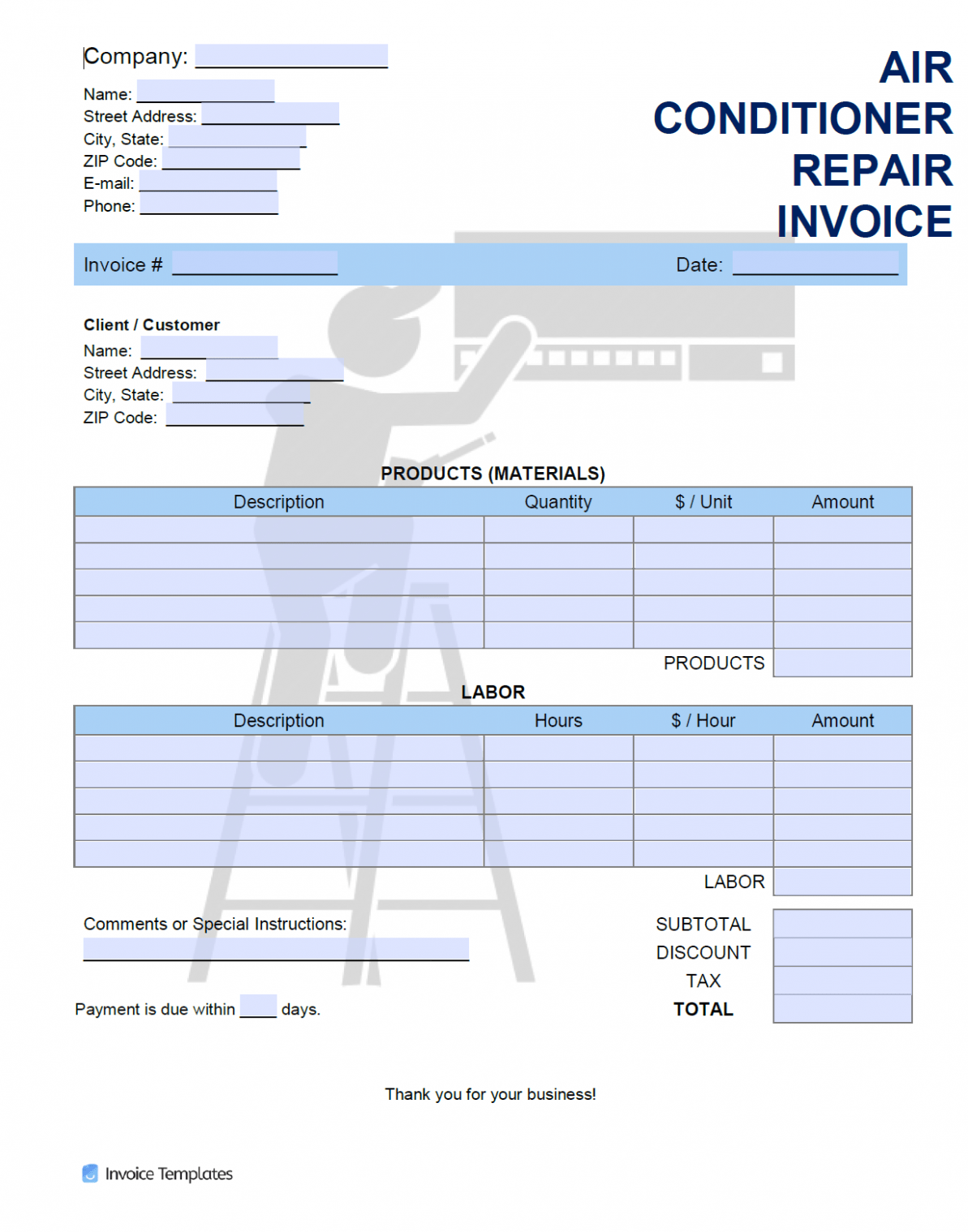 Printable Air Conditioning Repair Invoice Template 