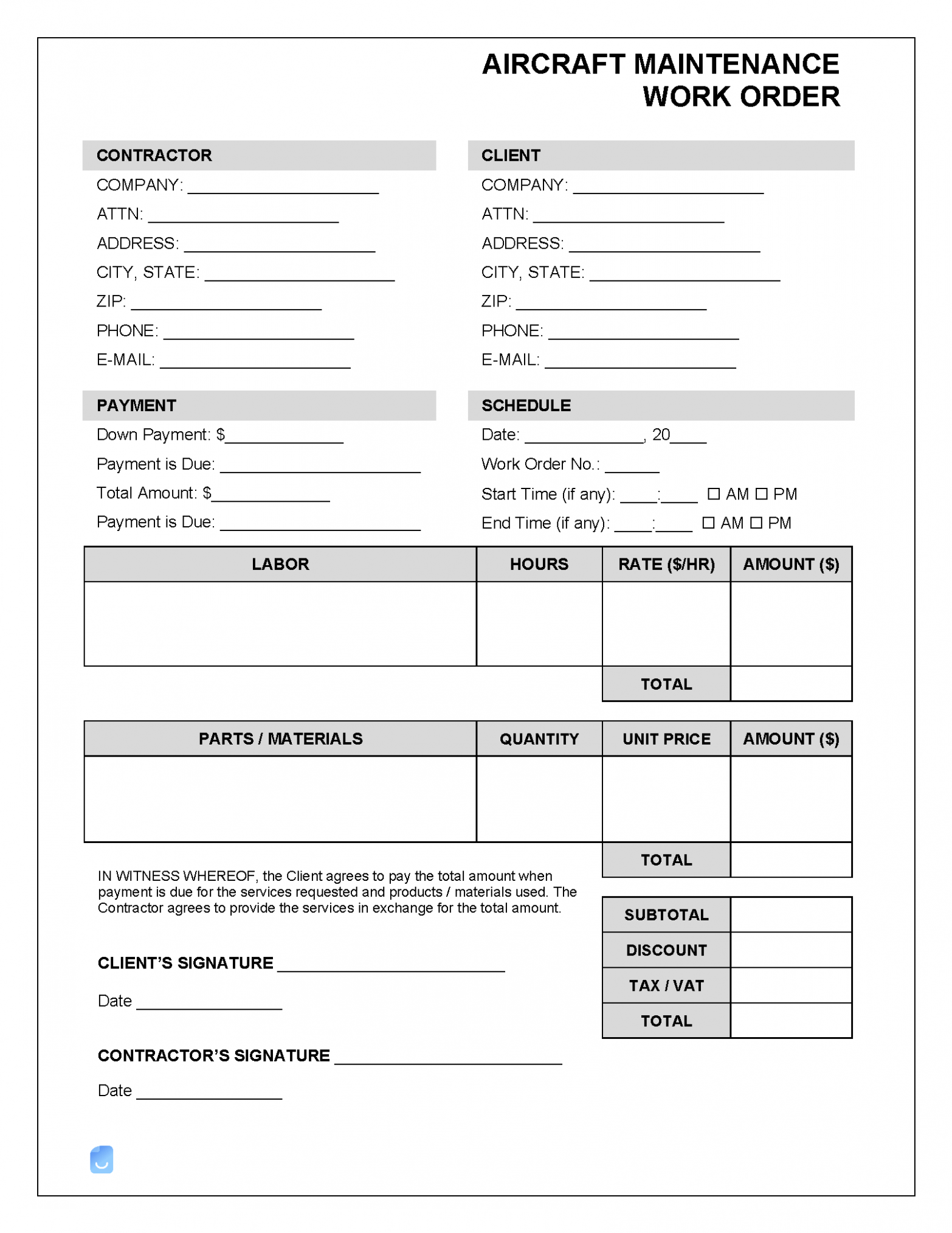 Editable Aircraft Maintenance Invoice Template Word