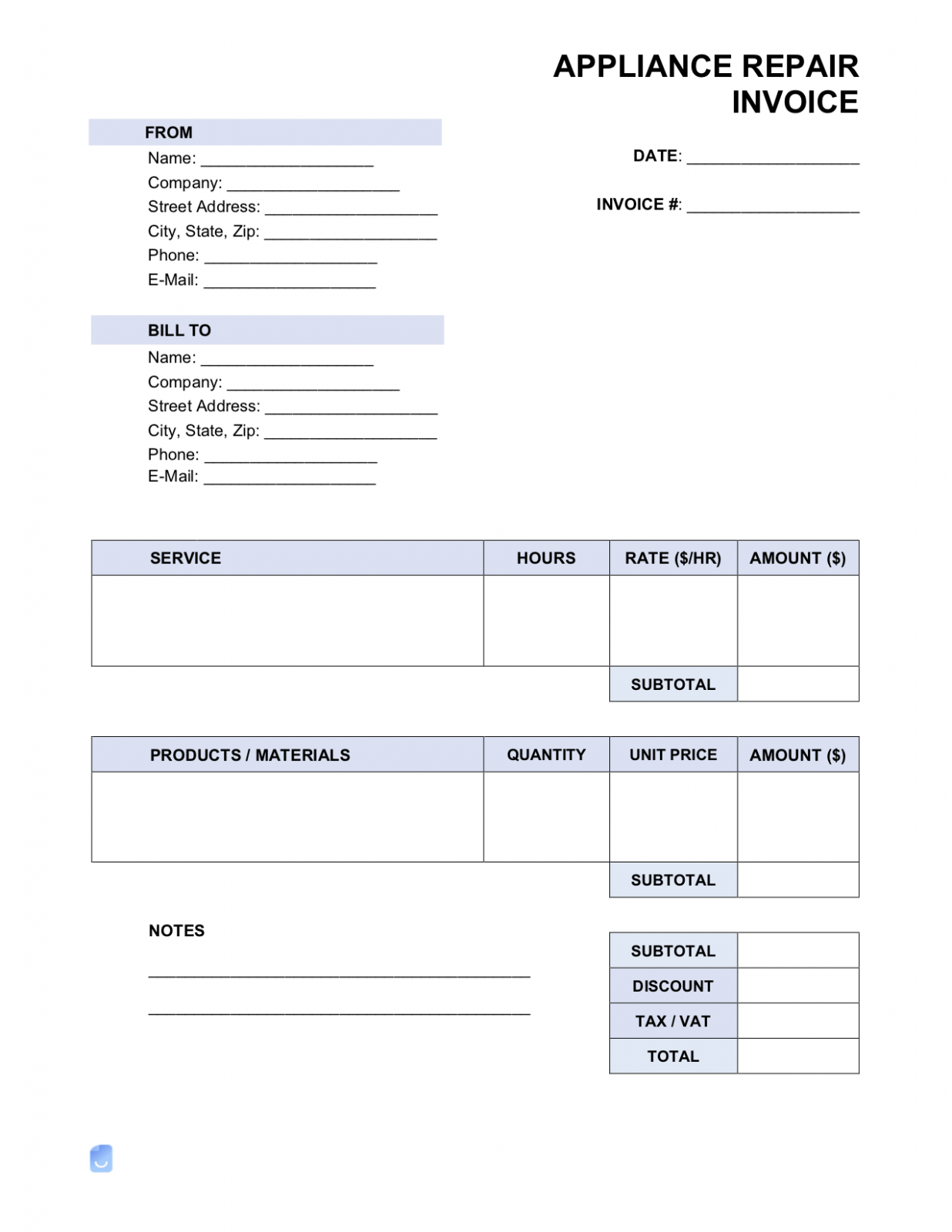 Printable Appliance Repair Invoice Template 