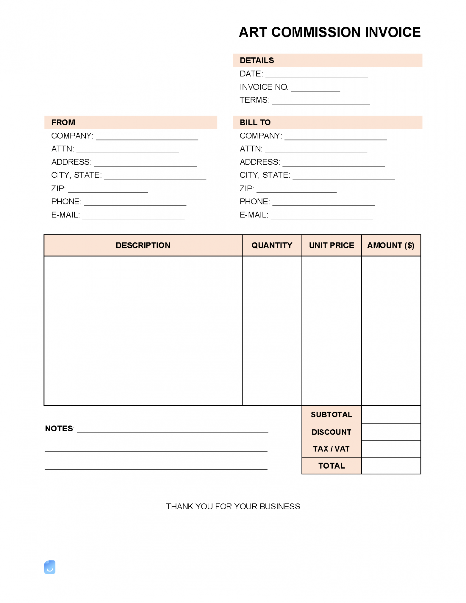 Printable Artists Invoice Template PDF