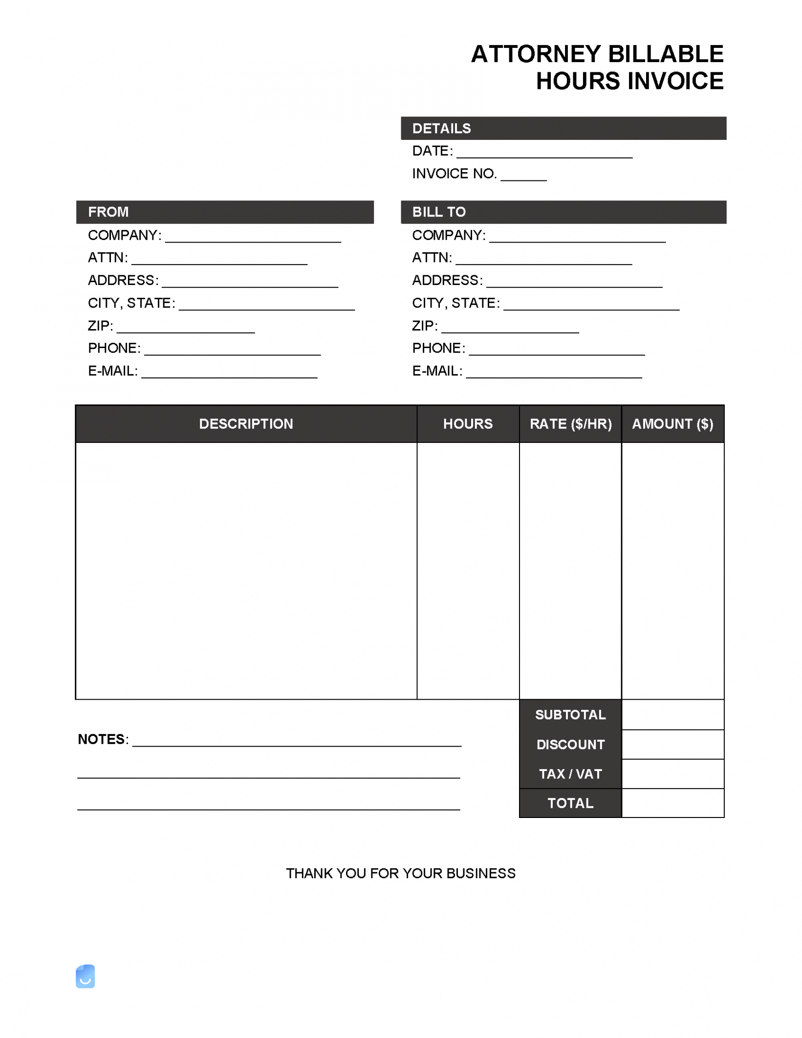 Editable Attorney Billable Hours Invoice Template Doc