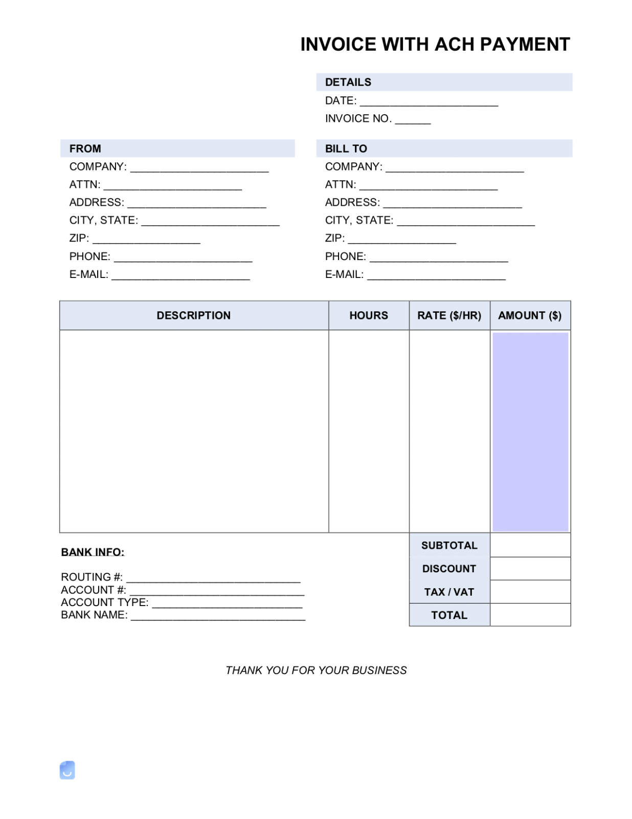 Printable Bank Details Invoice Template 