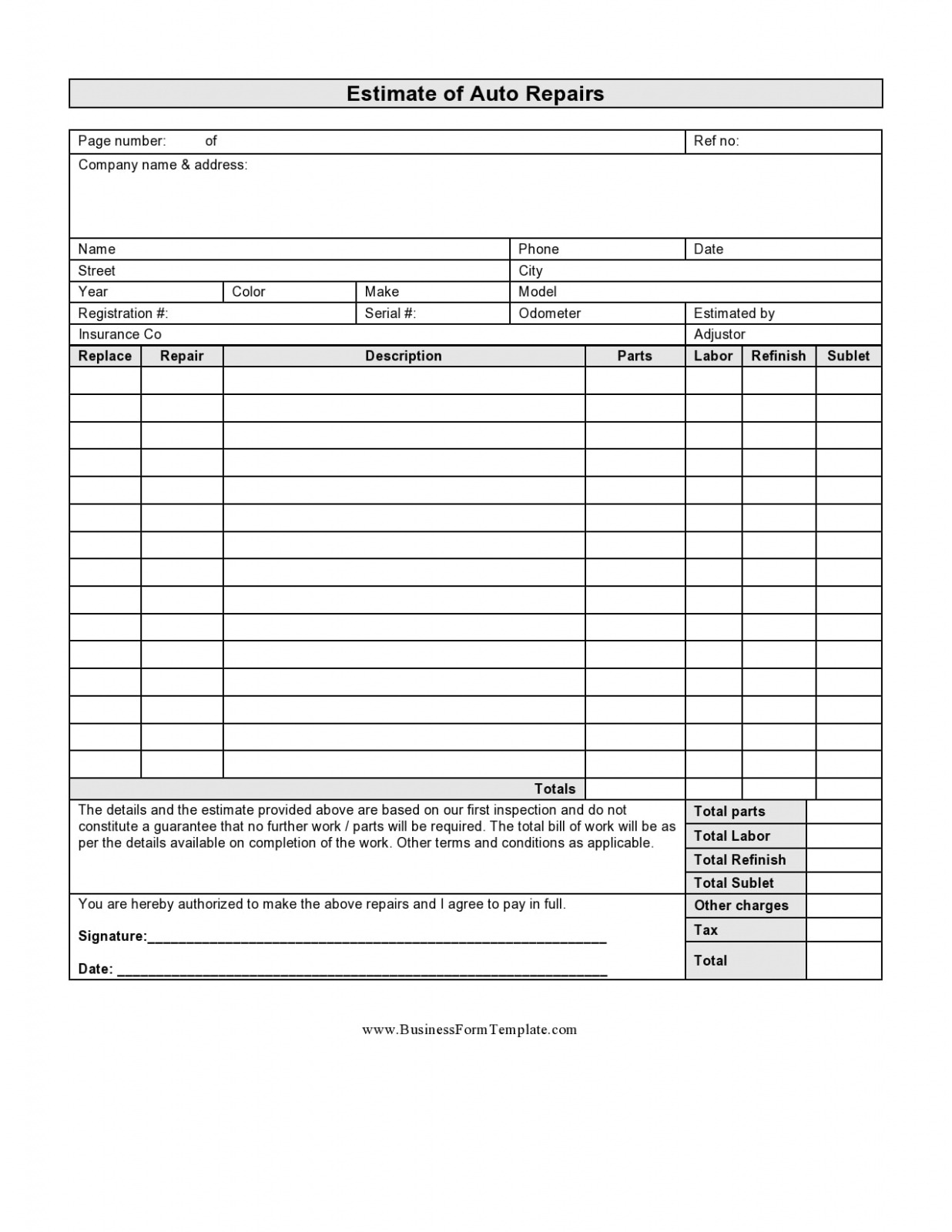 Sample Blank Auto Repair Invoice Template Doc