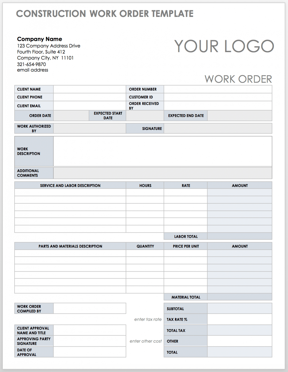 Editable Contractor Work Order Template Doc