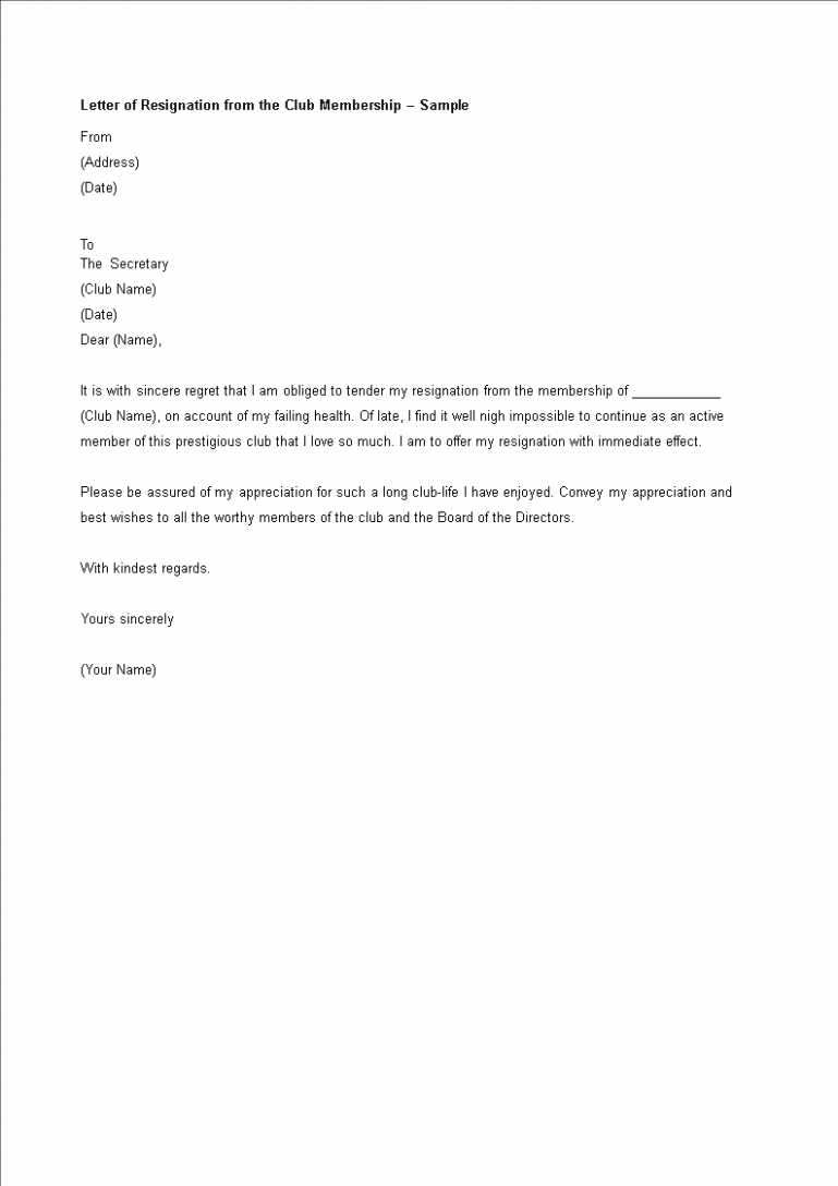 Free Country Club Resignation Letter Doc