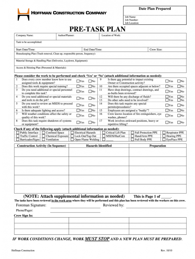  Daily Pre Task Safety Plan Template CSV