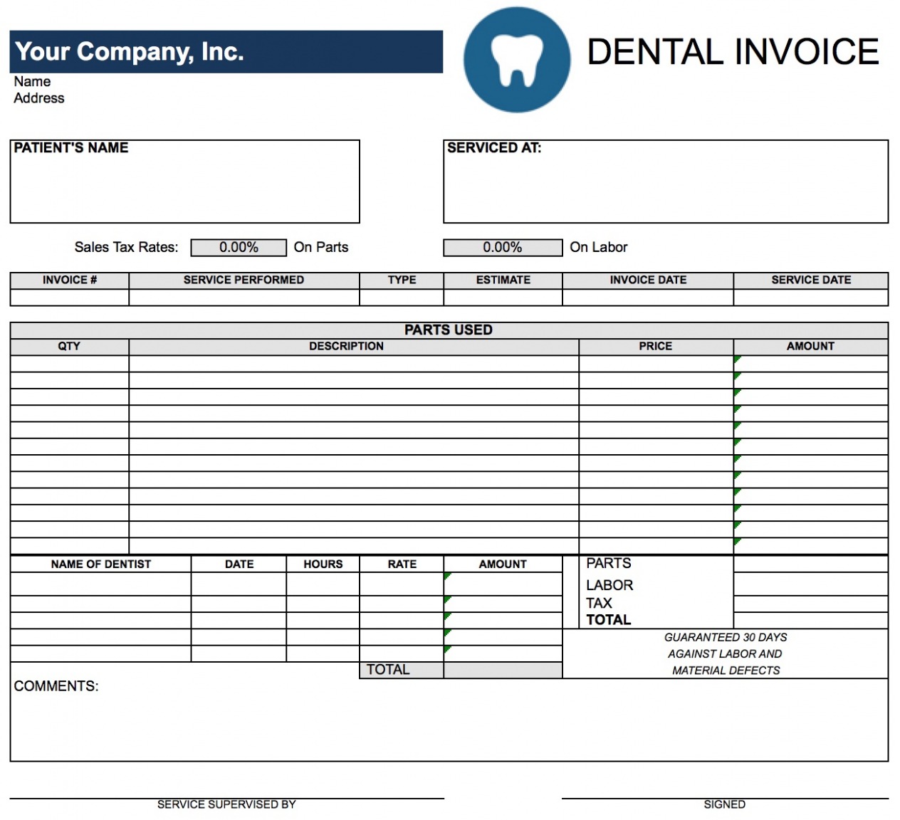 Printable Dental Billing Invoice Template Docs