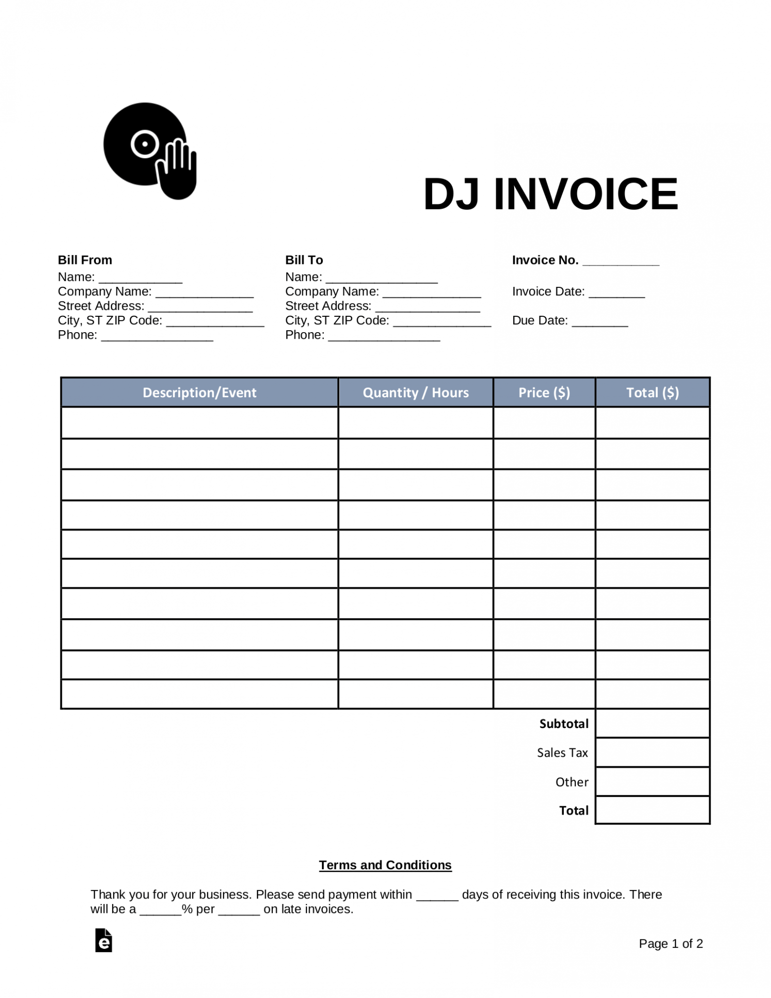 Sample Dj Invoice Template Excel