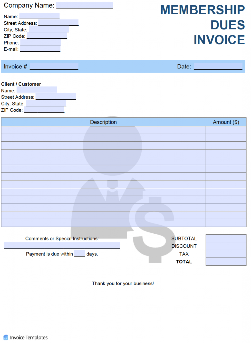 Sample Dues Invoice Template Doc