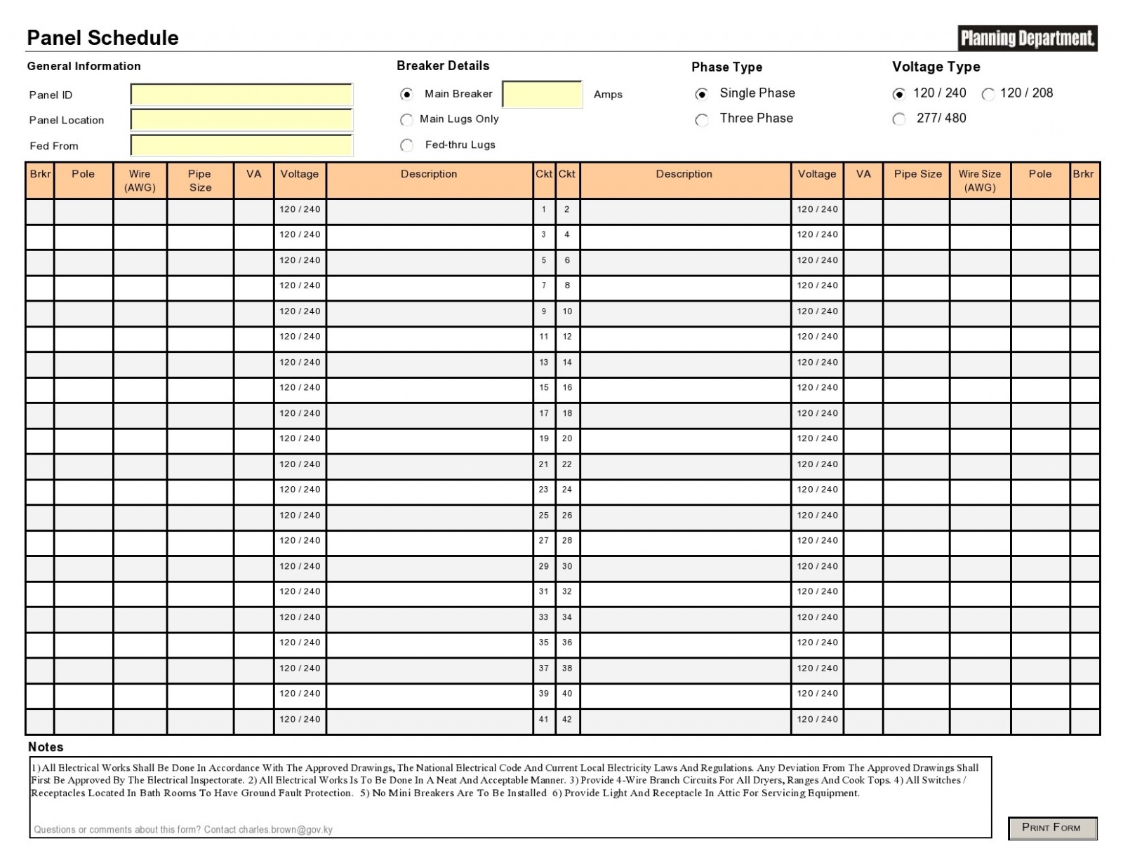 Free Electrical Panel Schedule Template Software CSV