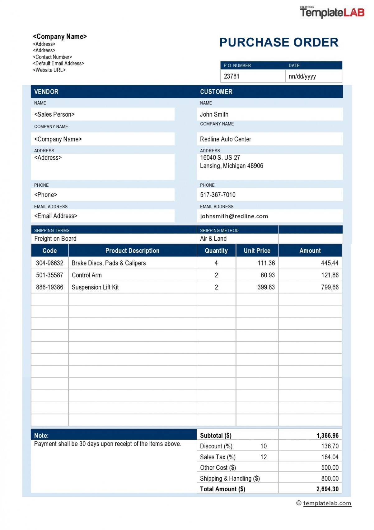 Printable Electronic Purchase Order Template PPT