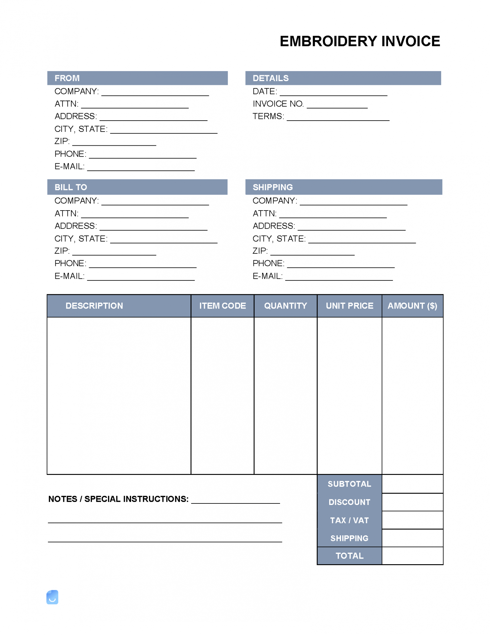 Printable Embroidery Invoice Template 