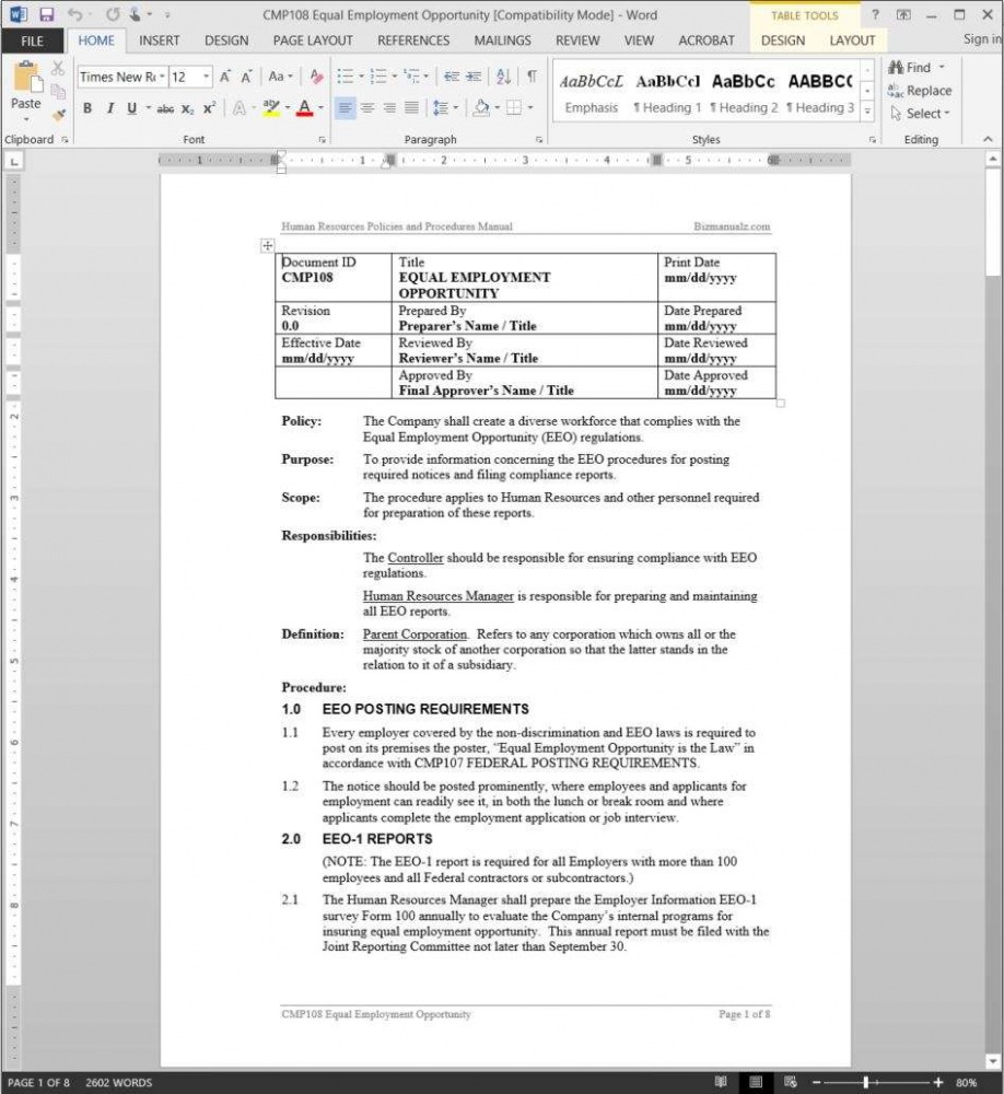 Printable Equal Employment Opportunity Plan Template Docs