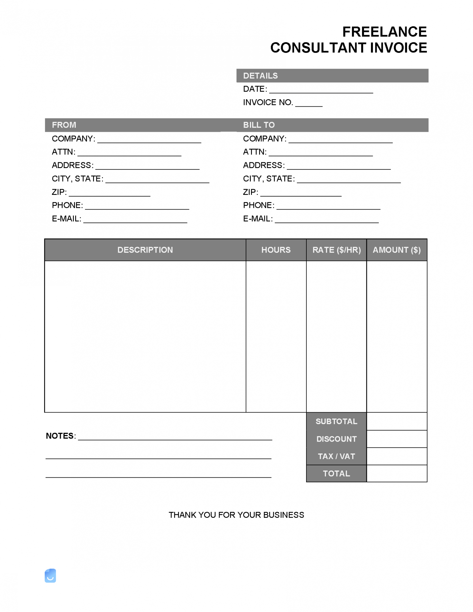 Printable Freelance Consultant Invoice Template 