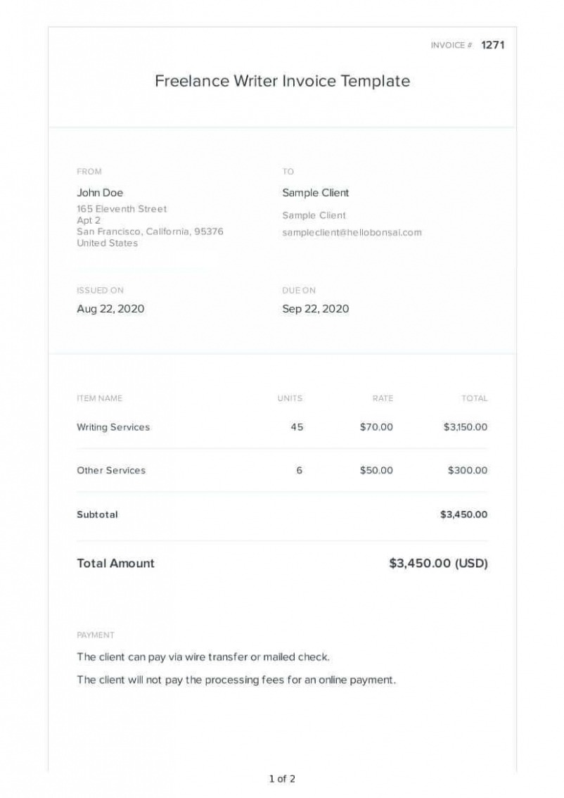 Sample Freelance Writing Invoice Template Excel