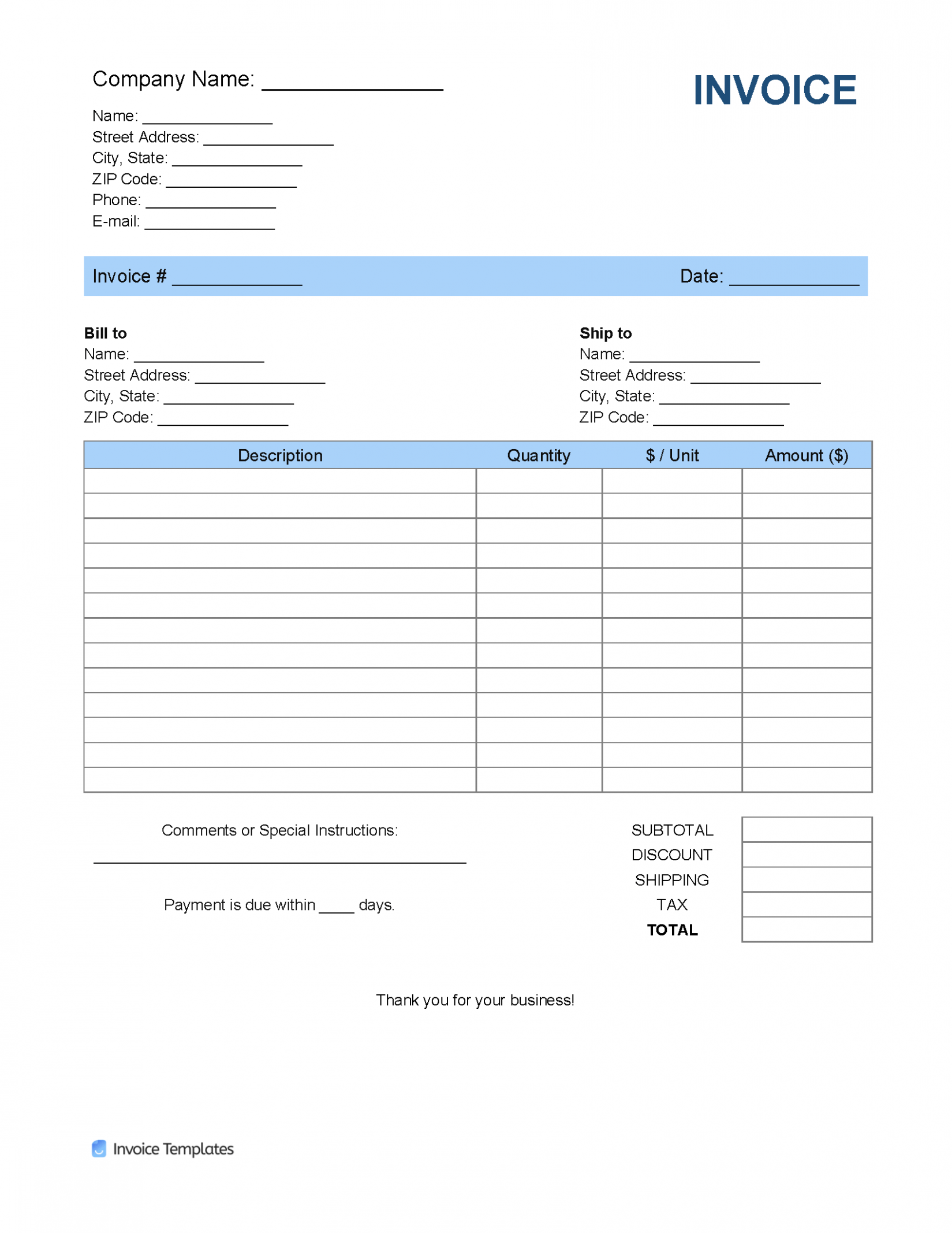 Editable Generic Billing Invoice Template Word