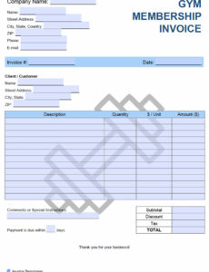 Printable Gym Membership Invoice Template PPT