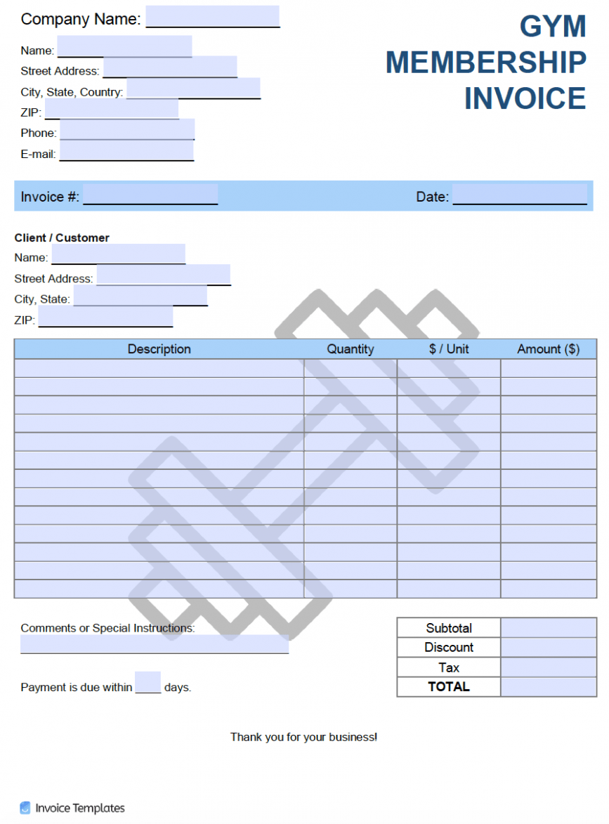Printable Gym Membership Invoice Template Excel