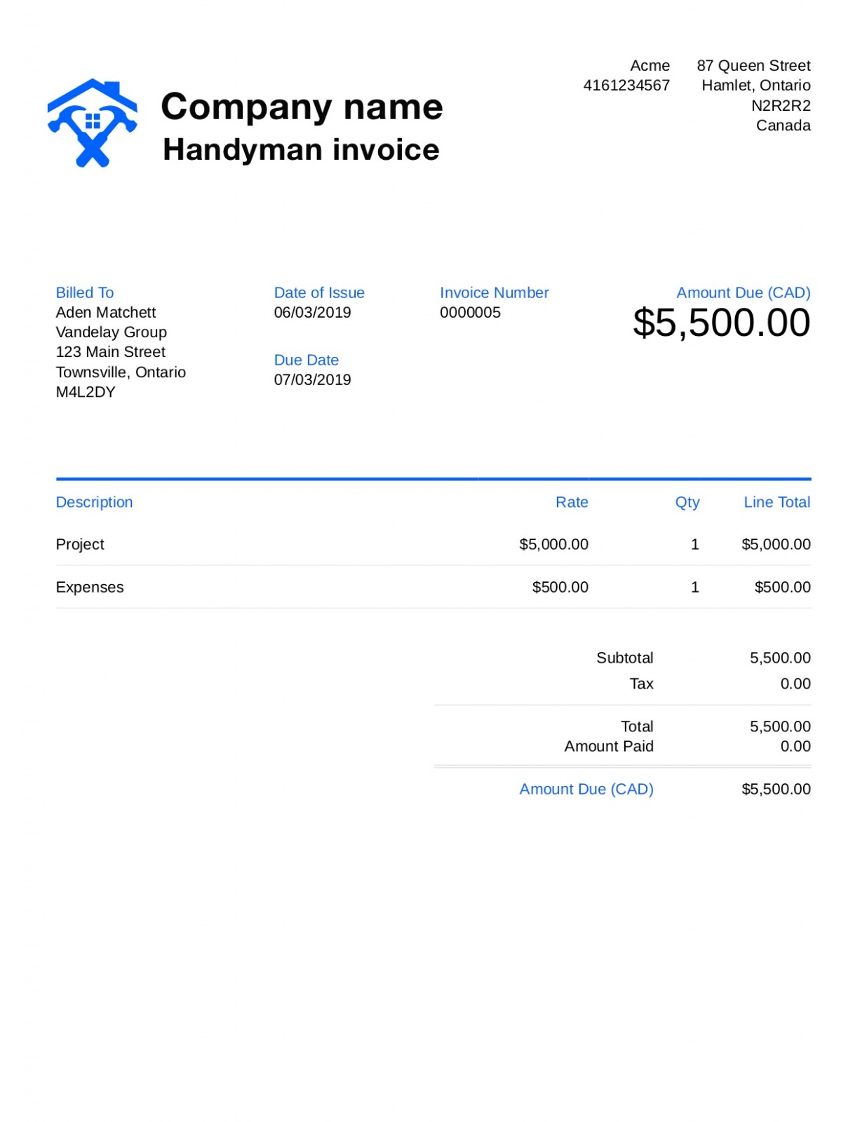 Editable Handyman Invoice Template 