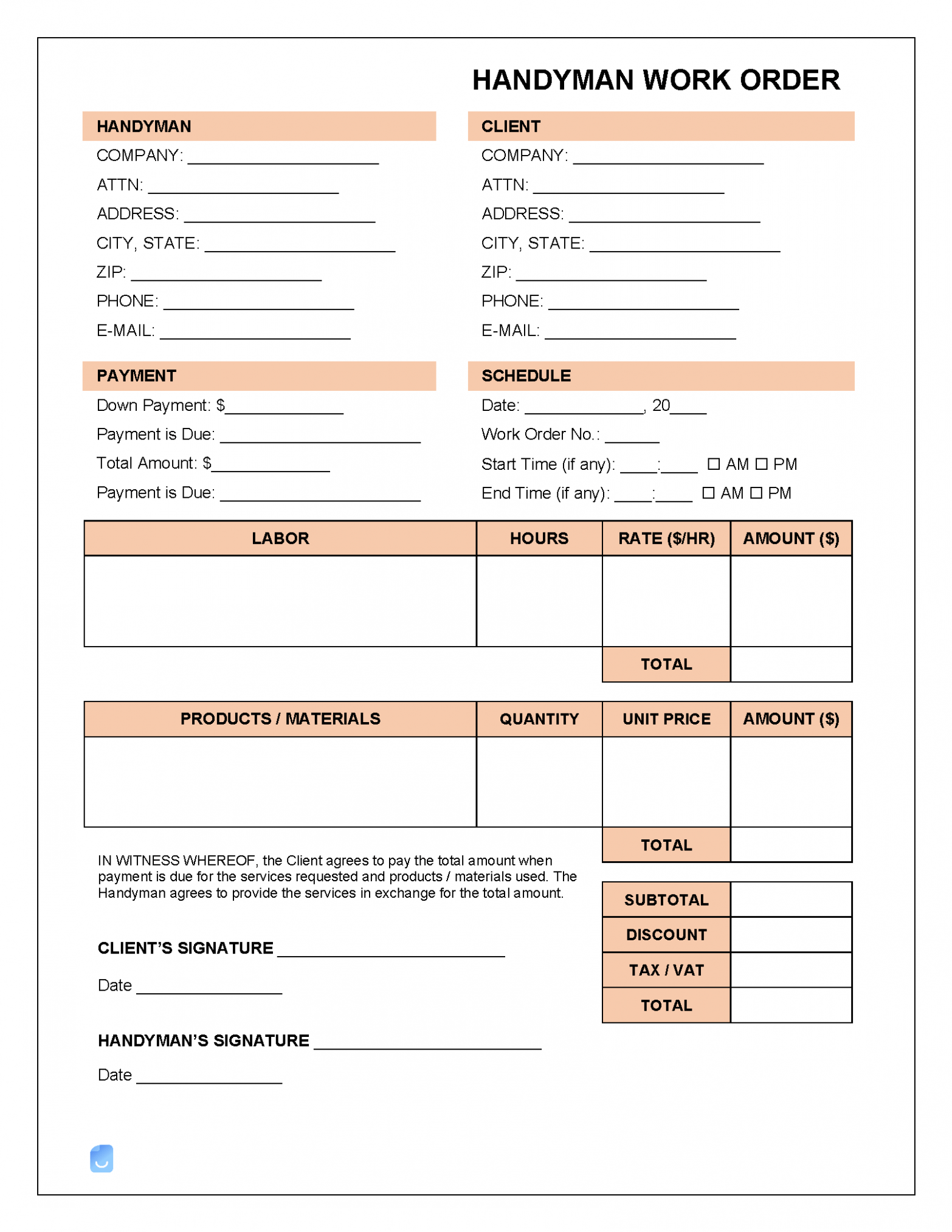 Printable Handyman Work Order Template Excel