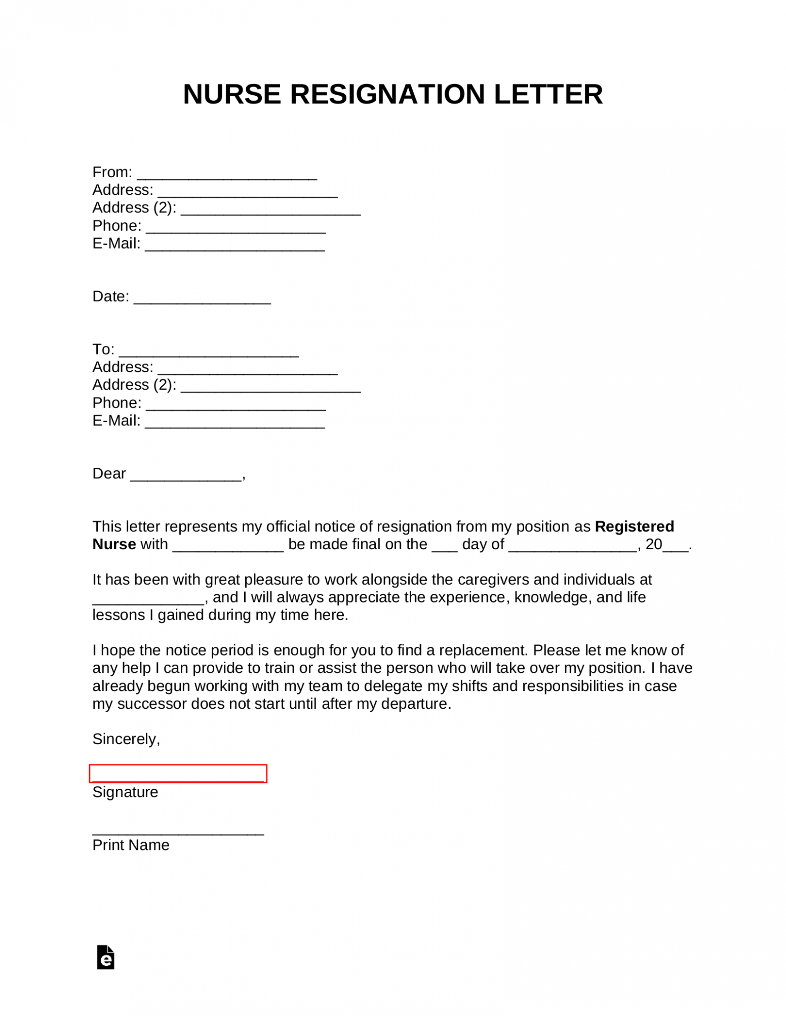 Printable Home Care Nurse Resignation Letter Sample