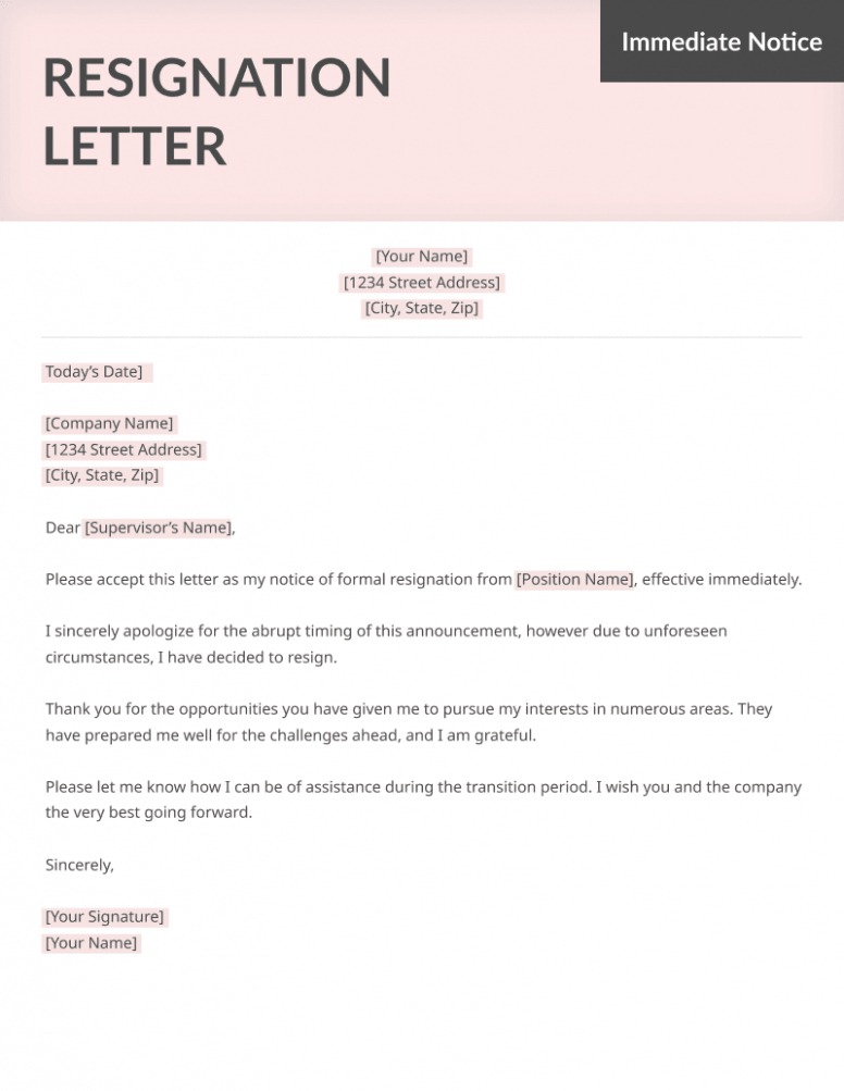 Editable Immediate Resignation Letter For Health Reasons CSV