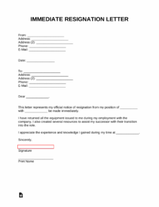 Editable Immediate Resignation Letter Template PDF