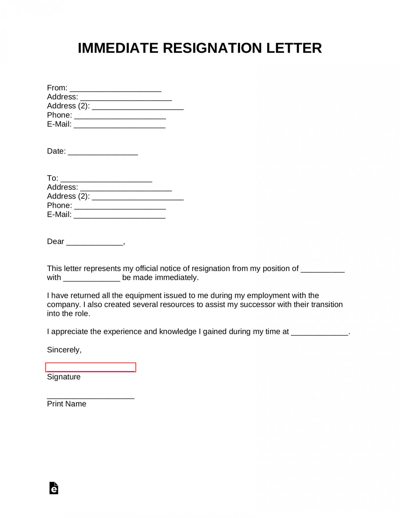 Free Immediate Resignation Letter Template Docs