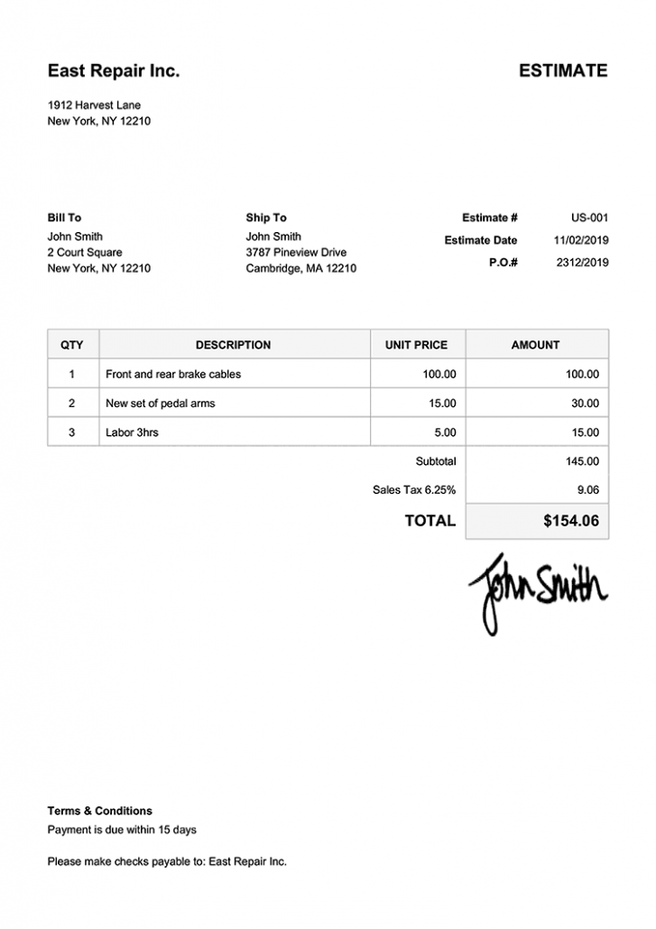 Sample Invoice And Estimate Template Word